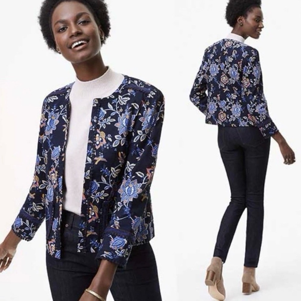 LOFT Evening Garden Floral Navy Open Blazer Plus Size 18